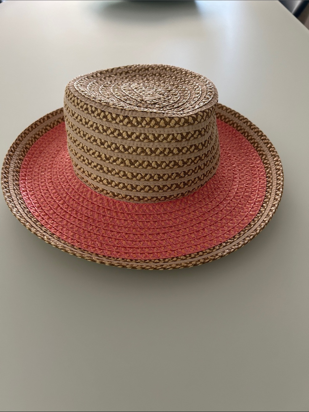 Eric Javits Natural Straw Hat with Coral Brim